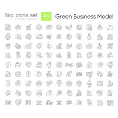 Green business model linear icons set. Sustainable company. Environmental friendly. Customizable thin line symbols. Isolated vector outline illustrations. Editable stroke. Quicksand-Light font used
