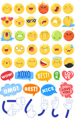 Funny flat style emoji emoticon anime reactions color icons set vector illustration isolated on white. Booble talk hello phrases.