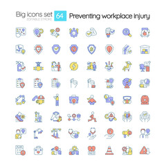 Preventing workplace injury RGB color big icons set. Occupational accident. Isolated vector illustrations. Simple filled line drawings collection. Editable stroke. Montserrat Bold, Light fonts used