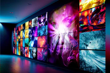 Foto op Plexiglas Video wall with multimedia images on different television screens, monitor, image, program, broadcasting, bright, colorful, technology, multicolored, display, media, communication, background © FrankBoston