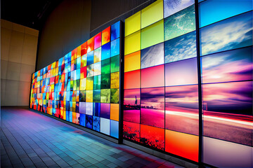 Video wall with multimedia images on different television screens, monitor, image, program, broadcasting, bright, colorful, technology, multicolored, display, media, communication, background
