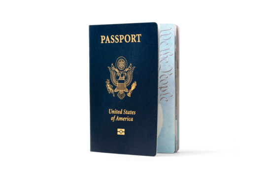 United States Passport Book, with "we the people" showing on white background with shadow
