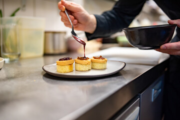 Fototapeta na wymiar chef cooking Terrine of foie gras on kitchen