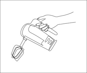 Continuous one line drawing of hand holding kitchen mixer. Electric kitchen mixer line art vector design.