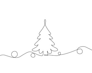 Single-line illustration of Christmas tree. One line art of a Christmas, New year tree