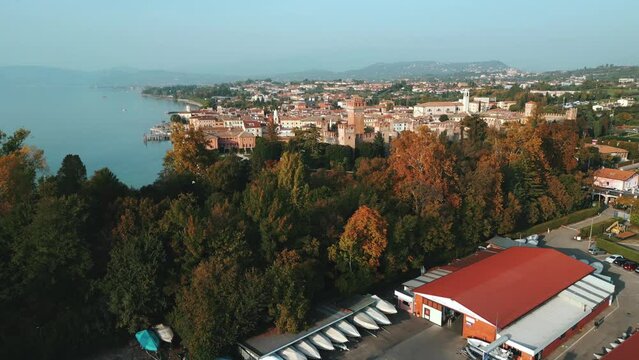 Aerial view of Lazise, Verona, Italy. Lazise's Castle aerial view and Lazise city in Italy. Aerial panorama of the historic Italian city of Lazise.