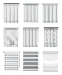 Window blinds. Curtains mockup set. Element room interior. Collection of horizontal and vertical window jalousie. Closed empty jalousie template. Privacy concept