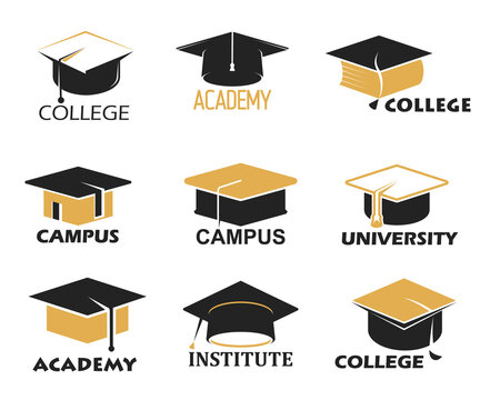 Student graduate cap hat. College and high school education vector icons. University campus, academy or institute faculty minimal symbols or pictograms with graduation caps