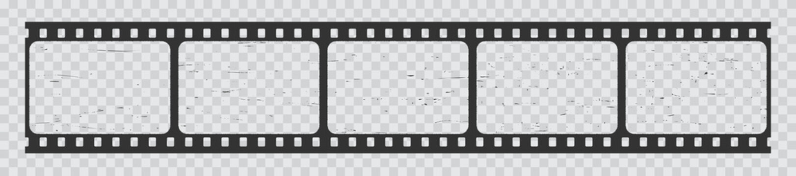 Film strip frames, old cinema filmstrip long reel or vintage grunge negative, vector background with borders. Video camera transparent film strip, photo tape or movie and motion picture filmstrip