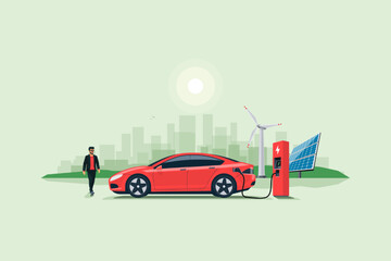 Naklejka premium Flat vector illustration of a red electric car charging at the charger stand on the street with green city skyline in the background. Renewable electricity energy solar and wind power station.