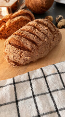 Baking wheat homemade bread in the oven, close-up, selective focus
