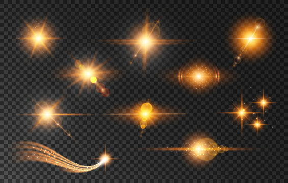 Lens flare, star light and golden glow. Isolated vector set of flashes, blinks, sparkles effects on transparent background. Realistic bright gold glares, yellow beams, rays, stars or solar energy