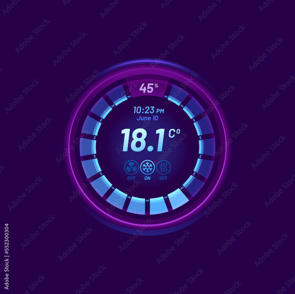 Poster smart thermostat temperature control dial. temperature regulator screen, house conditioning and heat