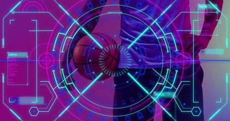 Animation of statistics and data processing over african american basketball player - Powered by Adobe