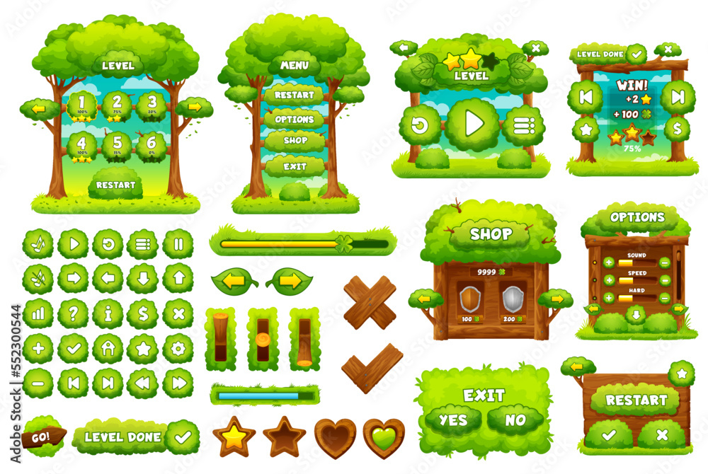 Poster green forest game interface. ui game buttons, gui elements game asset. vector menu panel, exit or re