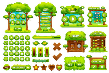 Green forest game interface. Ui game buttons, gui elements game asset. Vector menu panel, exit or restart options, progress bar and level ux icons with plants, wood and trees. Cartoon gaming kit - obrazy, fototapety, plakaty