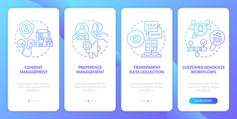 CIAM strategy features blue gradient onboarding mobile app screen. Walkthrough 4 steps graphic instructions with linear concepts. UI, UX, GUI template. Myriad Pro-Bold, Regular fonts used