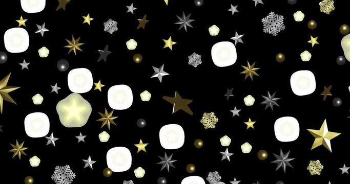 Animation of snow falling over christmas decorations on black background