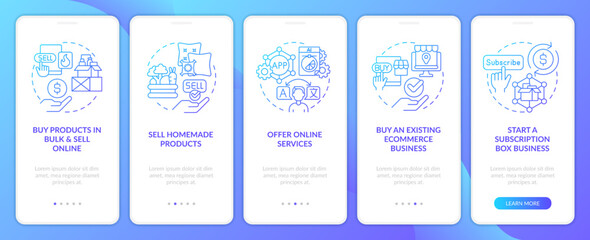 Profitable startup ideas blue gradient onboarding mobile app screen. Walkthrough 5 steps editable graphic instructions with linear concepts. UI, UX, GUI template. Myriad Pro-Bold, Regular fonts used