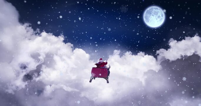 Animation of christmas decorations and santa claus in sleigh with reindeer over full moon