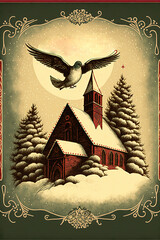 Vintage Christmas Card with Bird Flying Over Snow Covered House Surrounded by Pine Trees | Midjourney Ai Generated 