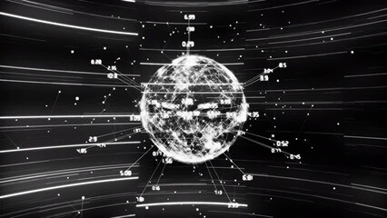 Animation of data processing with globe of connections and light trails on black background - Powered by Adobe