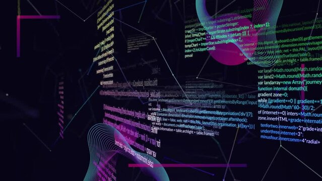Animation of data processing with network of connections and shapes on black background