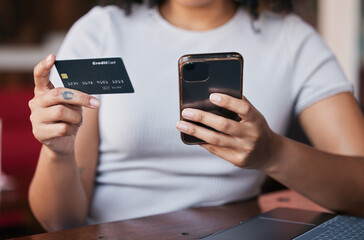 Online shopping, credit card and woman hands with phone for purchase, payment and buying from internet store. Technology, ecommerce and girl typing banking details, data and information on smartphone
