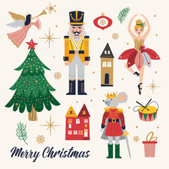 Obraz na płótnie Canvas Merry Christmas, New Year set with Ballerina, Mouse King and Nutcracker. Christmas card with three and toys