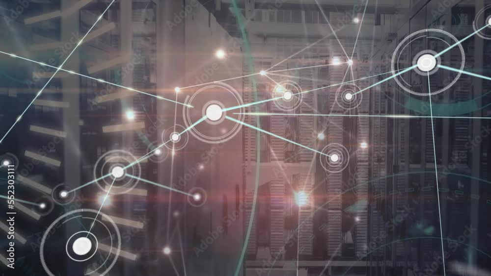 Poster animation of network of connections with icons and data processing over server room