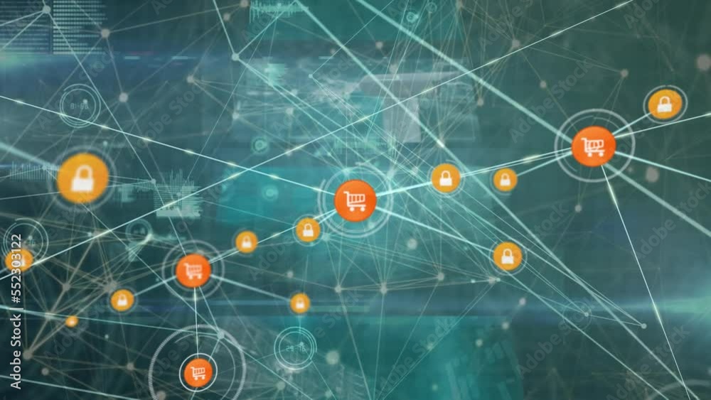 Poster animation of network of connections with icons and data processing on black background