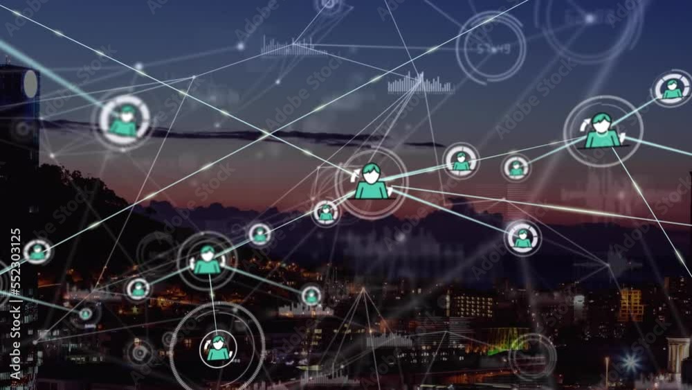 Poster animation of network of connections with icons and data processing over cityscape