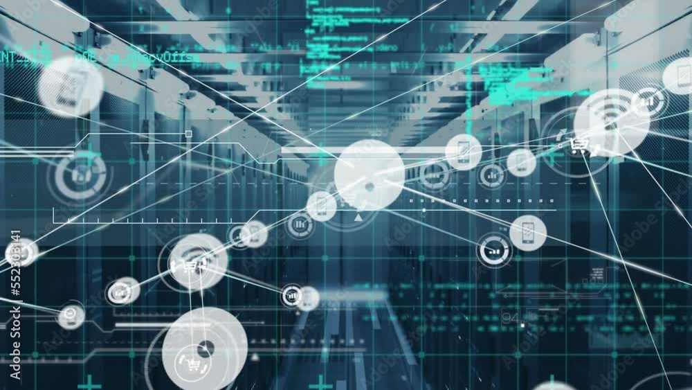 Poster Animation of network of connections with icons and data processing over server room