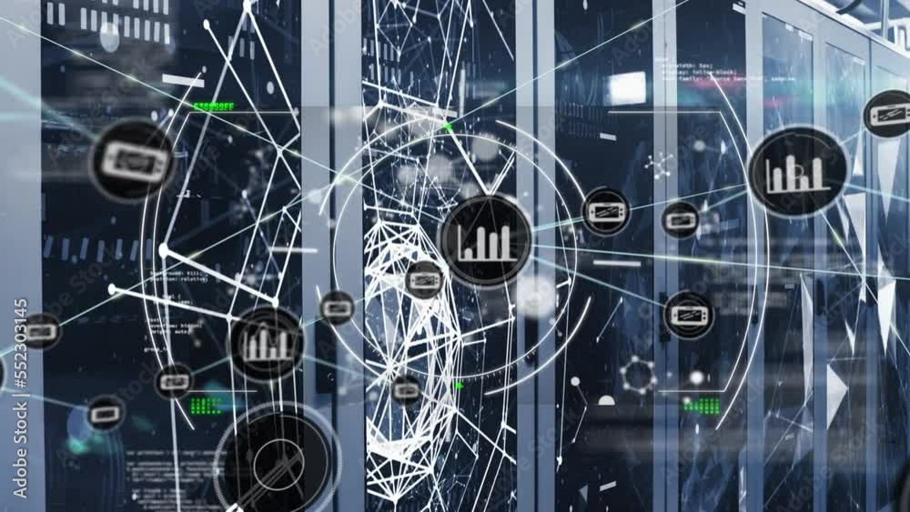 Poster animation of network of connections with icons and data processing over server room