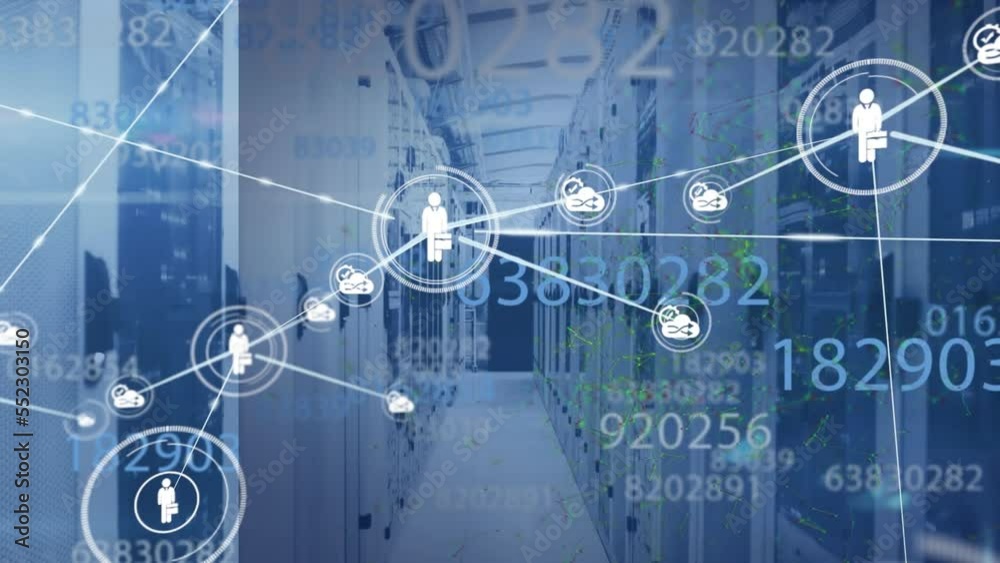 Poster animation of network of connections with icons and data processing over server room