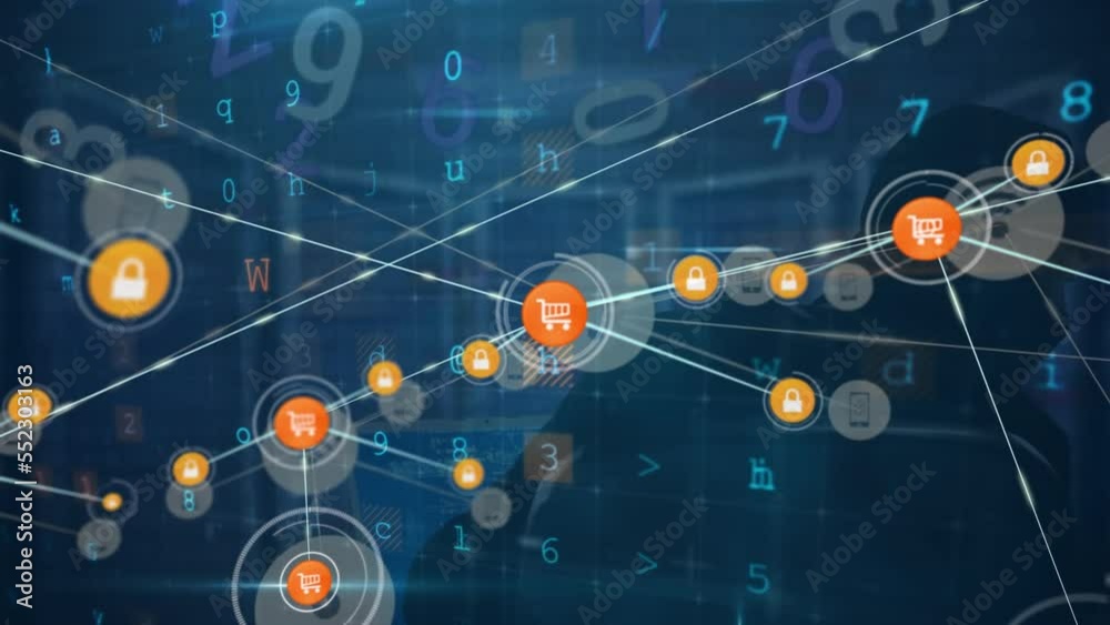 Poster animation of network of connections with icons and data processing over hacker in server room