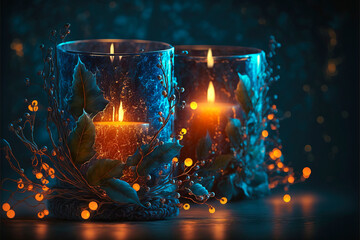 Christmas candles with blue leaves  decorations on the blurred dark blue background, generative AI