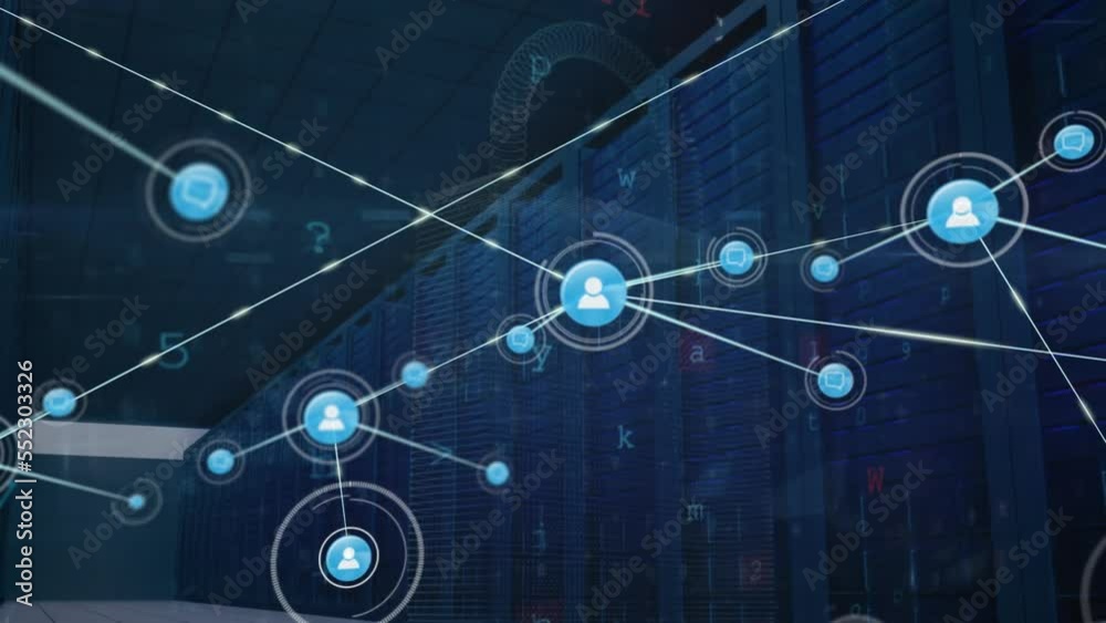 Poster animation of network of connections with icons and data processing over server room