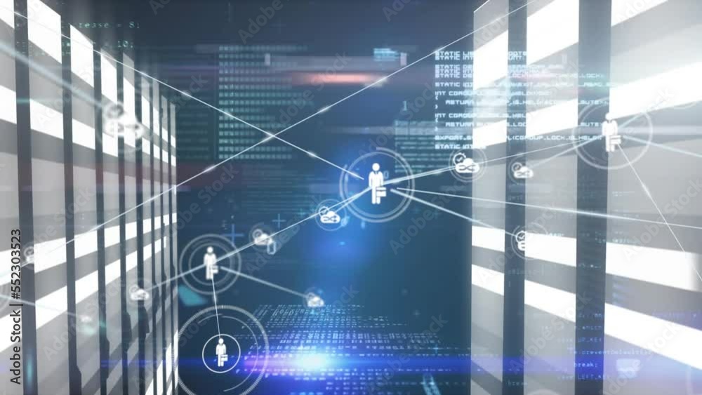 Poster animation of network of connections with icons and data processing over moving columns
