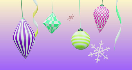 Image of new year and christmas decorations on purple background