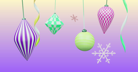 Image of new year and christmas decorations on purple background