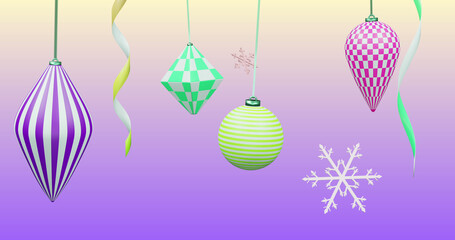 Image of new year and christmas decorations on purple background