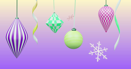 Image of new year and christmas decorations on purple background