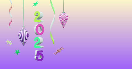 Image of 2025 number over new year and christmas decorations on purple background