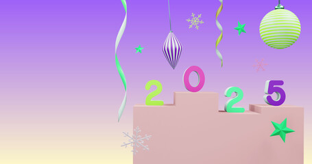 Image of 2025 number over new year and christmas decorations on purple background