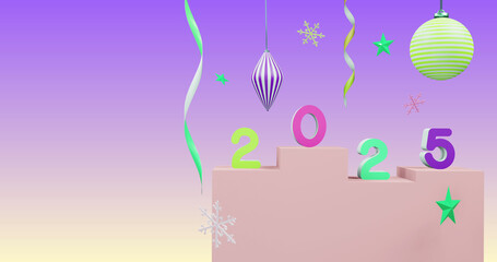 Image of 2025 number over new year and christmas decorations on purple background