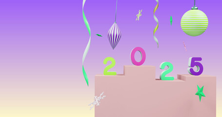 Image of 2025 number over new year and christmas decorations on purple background