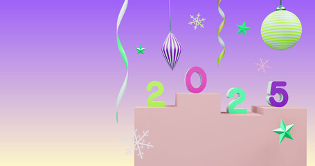 Image of 2025 number over new year and christmas decorations on purple background