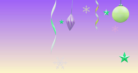 Image of 2025 number over new year and christmas decorations on purple background