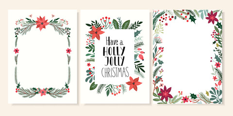 Christmas festive set with party invitation templates decorated with seasonal vegetation, poinsettia, tree branches, holly leaves and berries, decorative winter frames 